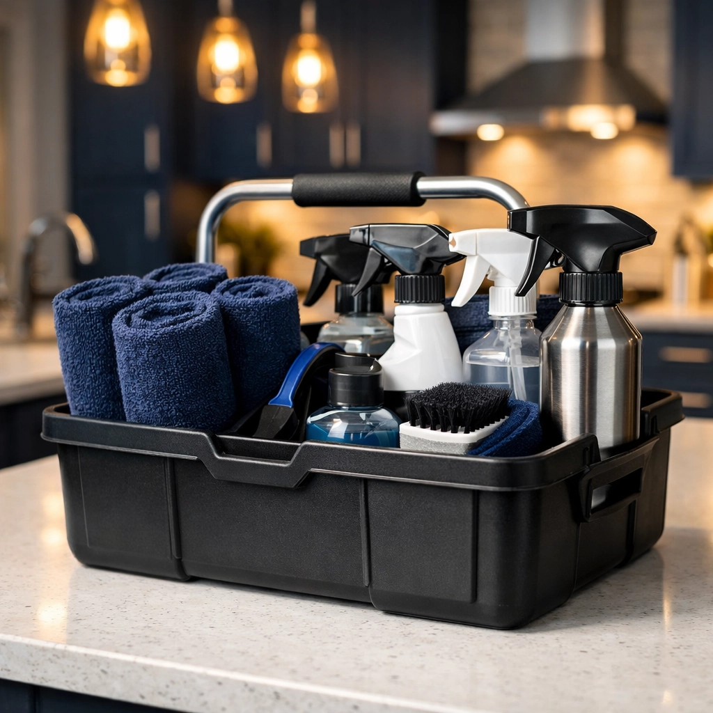 Cleaning caddy with high-end supplies for Professional House Cleaning in Auburn, MA services.
