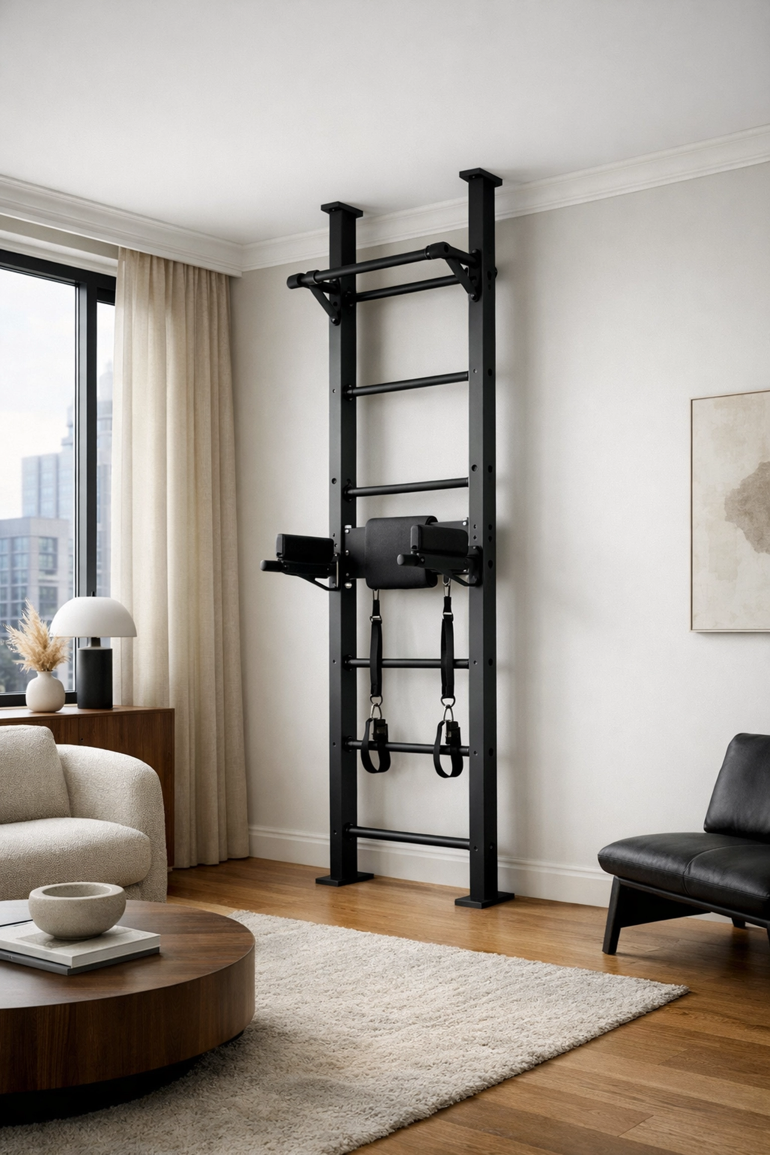 Sleek matte black Resistance Rail floor to ceiling gym system installed in a modern living room.