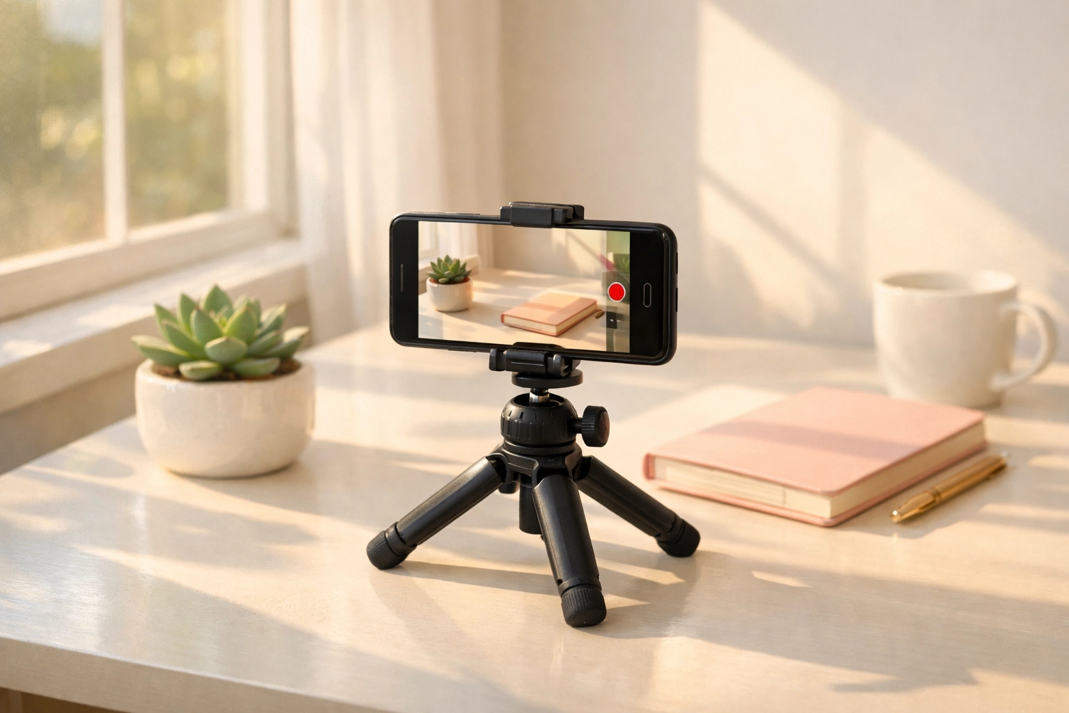 Simple smartphone video setup with tripod and natural window lighting for YouTube content