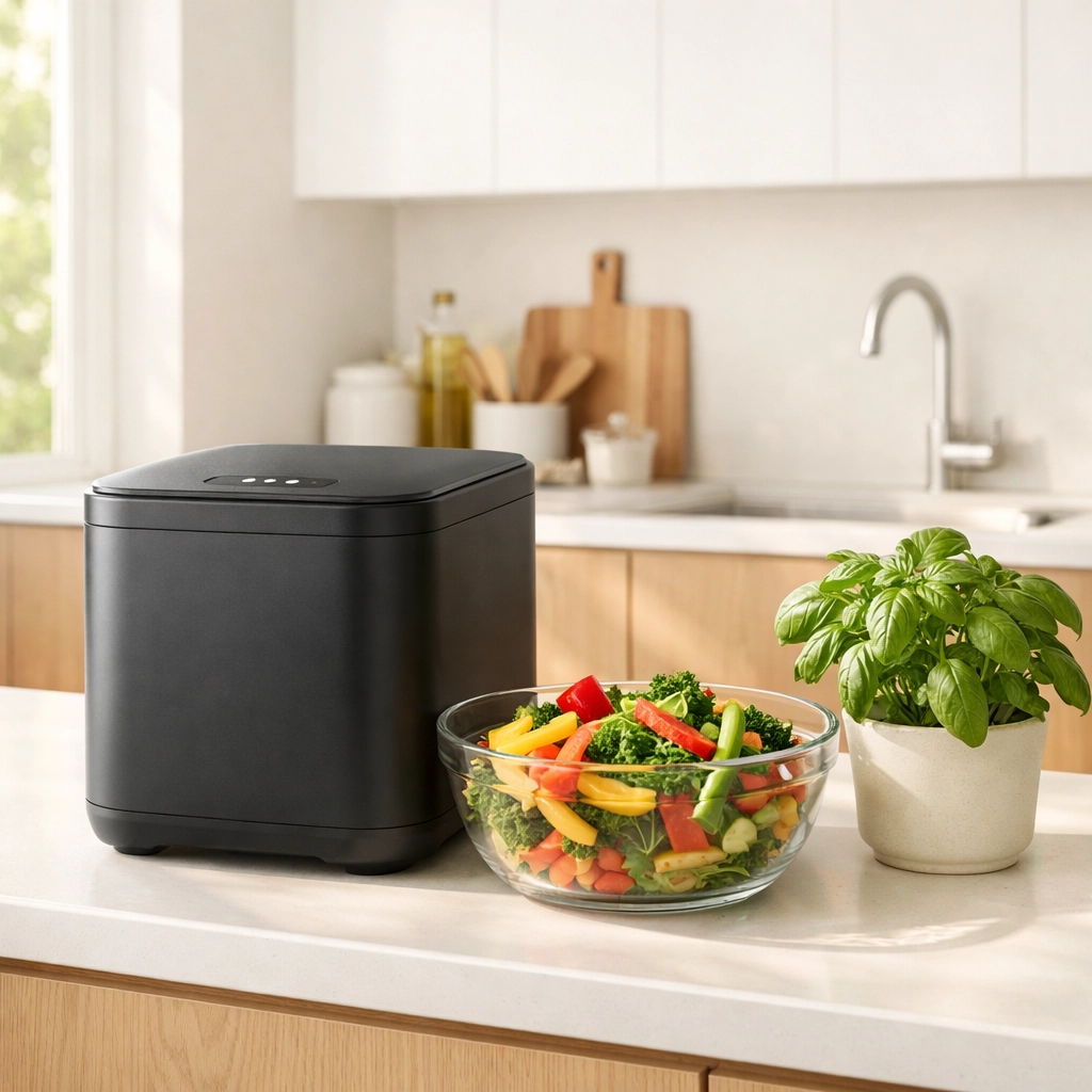 Modern kitchen island with a smart composter and fresh vegetable scraps for eco-friendly living.