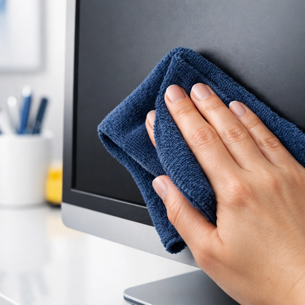 A hand using a microfiber cloth for a gentle weekly house cleaning screen touch-up on a computer monitor.