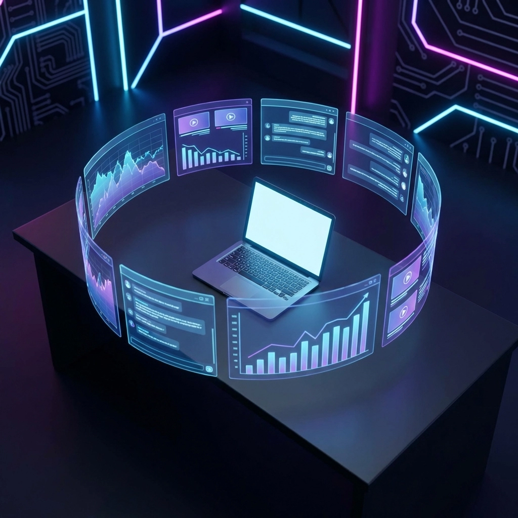 Simon Leung AI digital twin holographic workspace showing multiple marketing automation screens and analytics