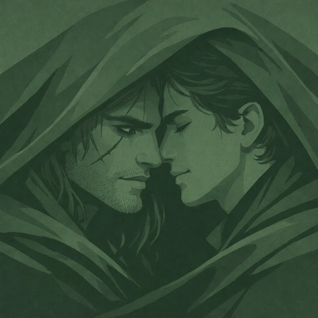 Two men nearly kissing beneath witcher's cloak - emotional MM romance moment