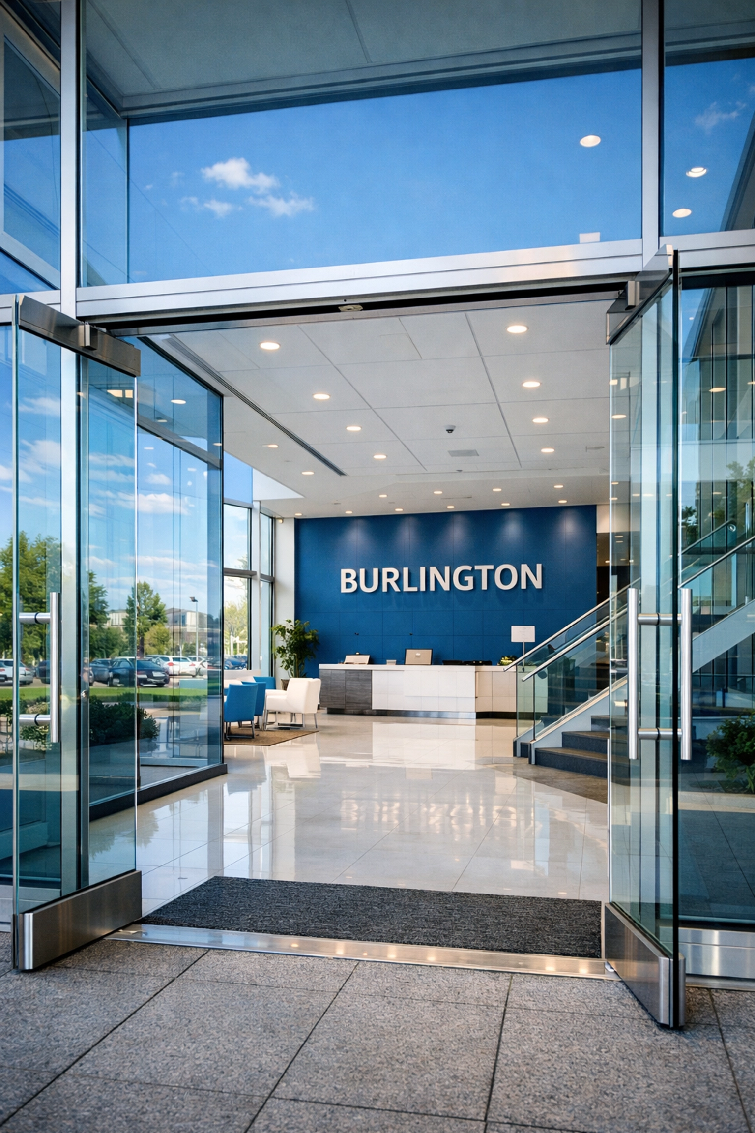 Pristine glass entrance of a modern Burlington commercial office building showing clean interiors.