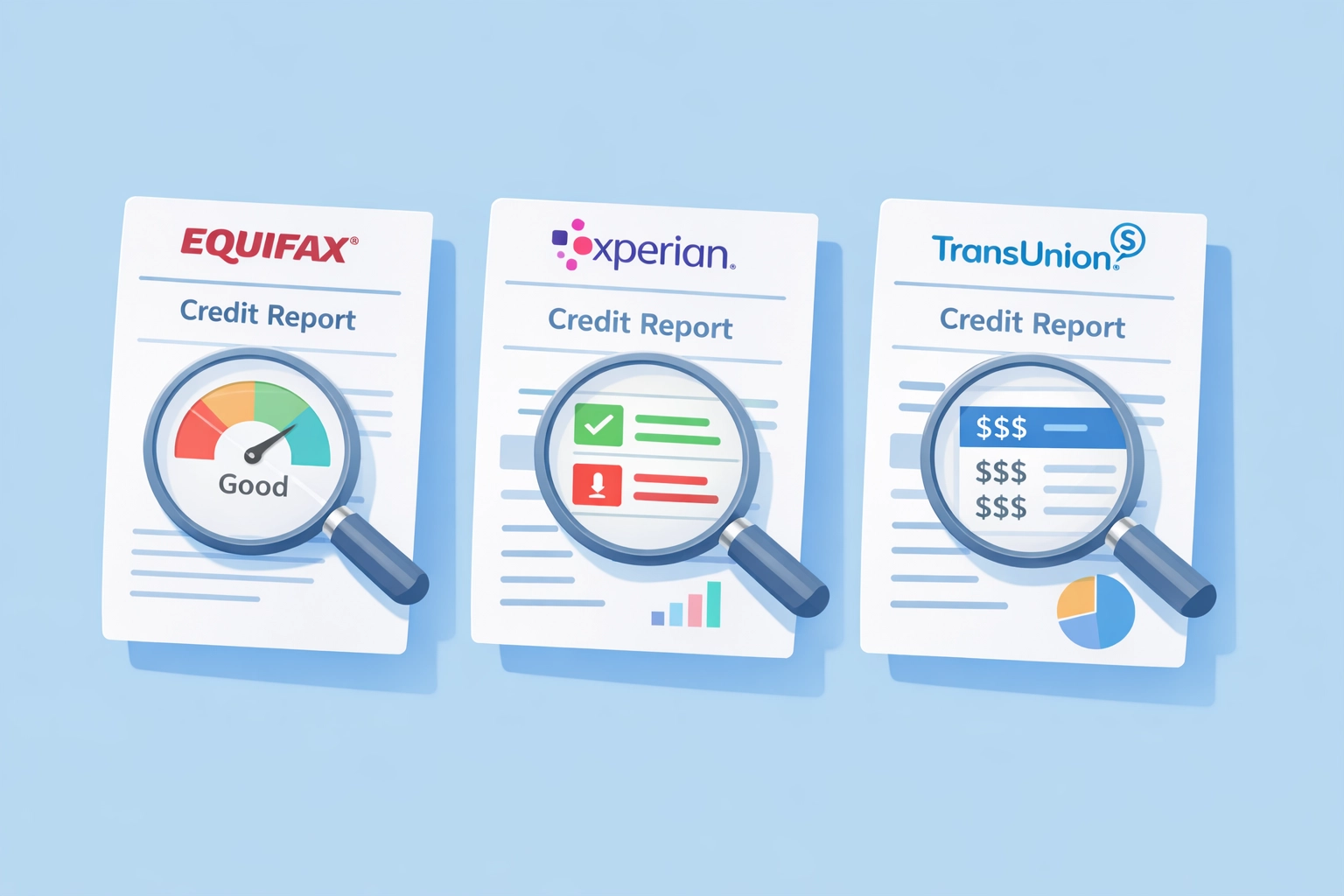 Tres reportes de crédito siendo revisados con lupa para comprar casa