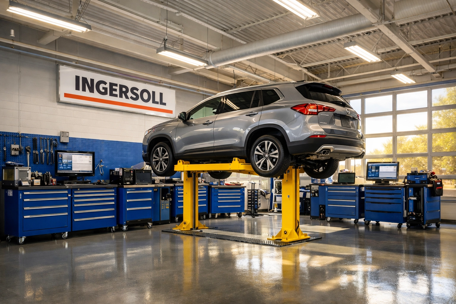 Modern SUV on a vehicle lift inside a professional Ingersoll auto repair shop service bay.