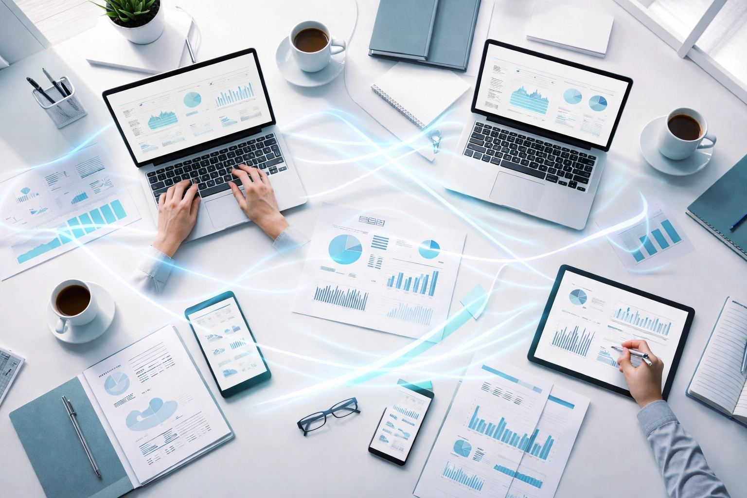 Organized workspace with interconnected devices symbolizing seamless RevOps data integration