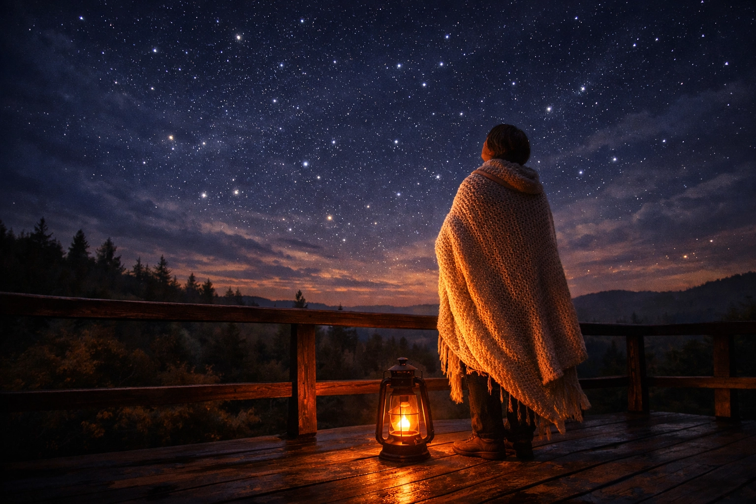 A person gazing at a starry night sky during a peaceful evening mental health routine.