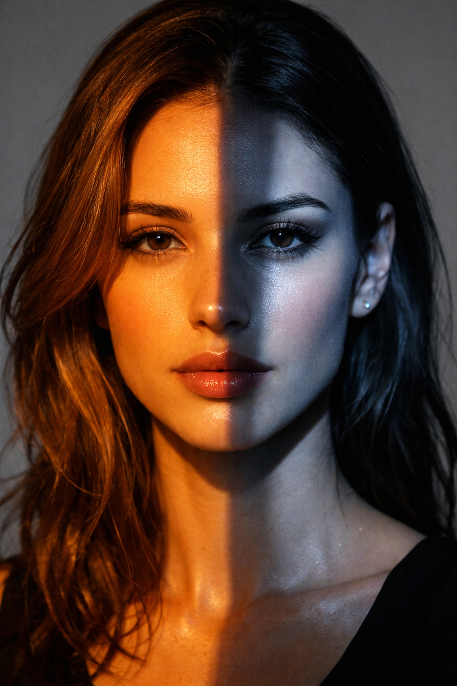 Comparison of golden hour natural light and studio lighting on a model for advanced photography tutorials.