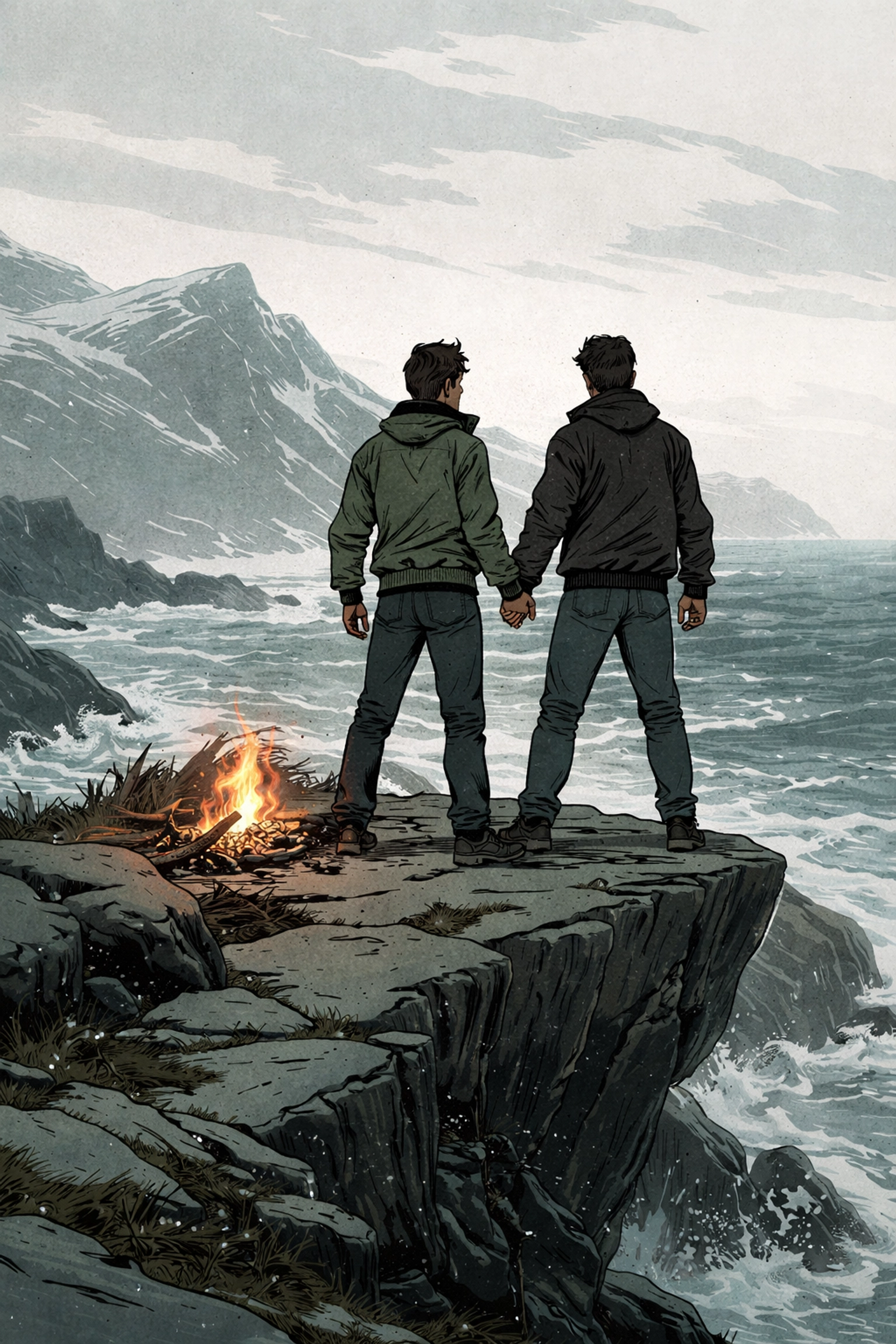Two men hold hands on a Nordic cliffside, facing the wind in defiance, illustrating reclaimed love and resilience in a dramatic MM romance setting.