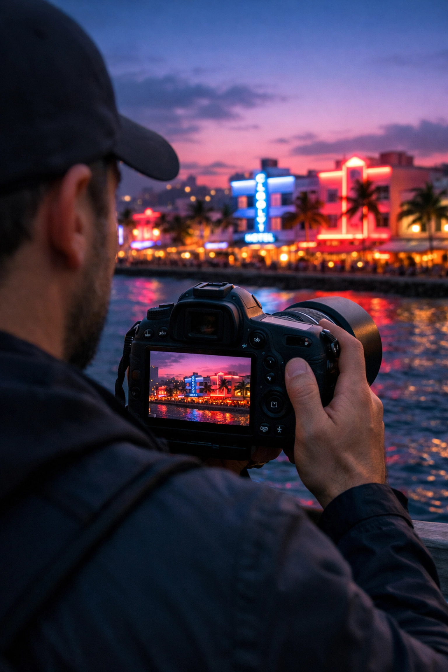Professional Miami photographer capturing the vibrant South Beach skyline at twilight.
