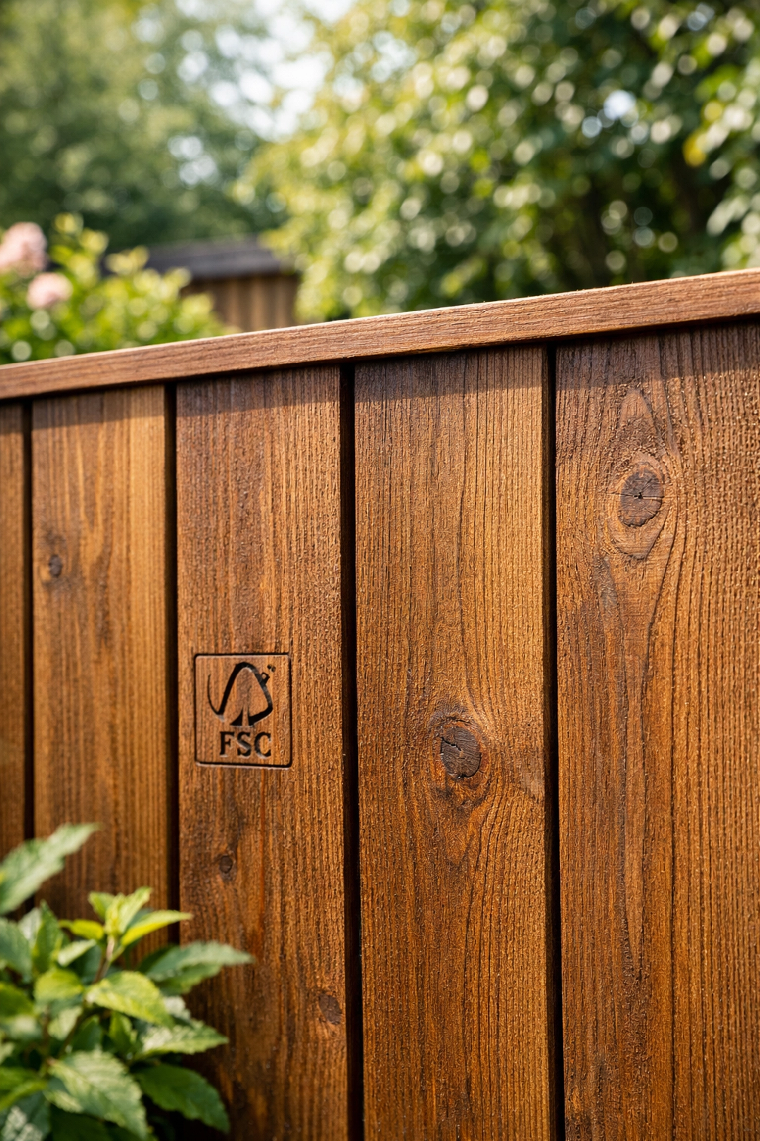 FSC-certified timber fence panels showing premium wood grain and certification tag in Manchester garden