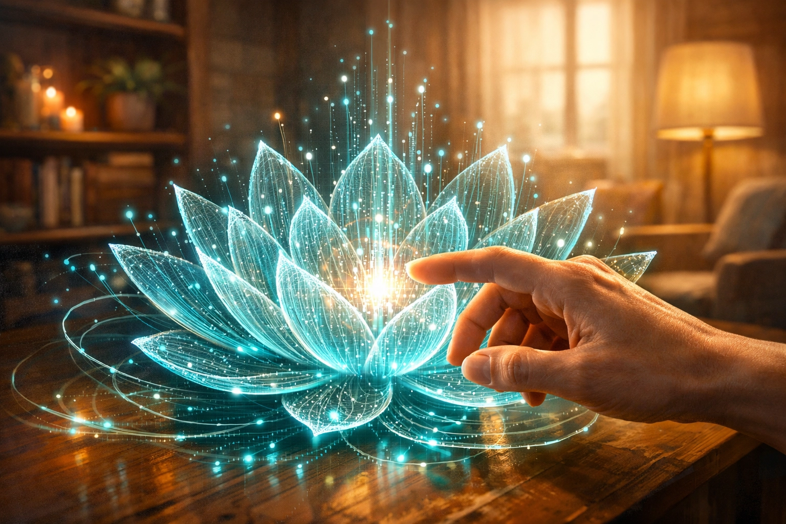 Human hand interacting with a holographic lotus representing the harmony between AI and empathy.