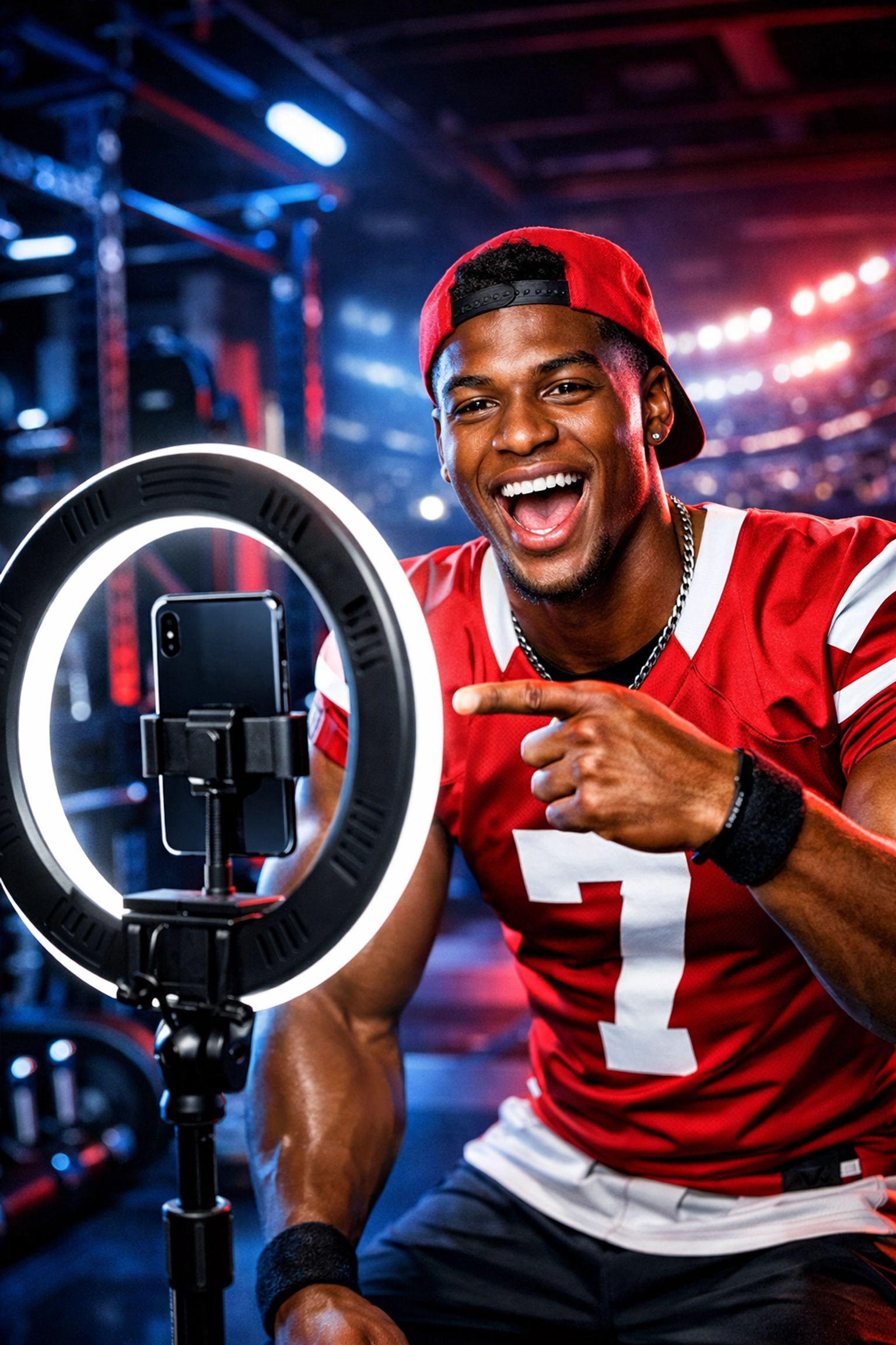 NIL athlete creating high-performance video content for a brand partnership in a modern studio.