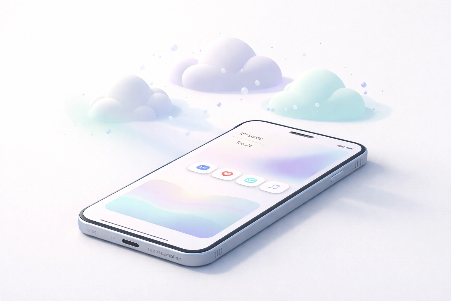 Minimalist smartphone with a simple, calming interface and soft cloud shapes, highlighting human-centered AI for reduced cognitive load.