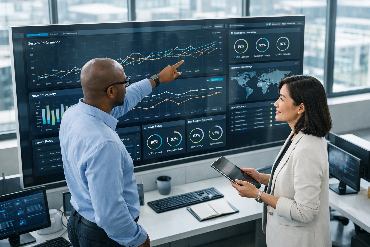 IT strategists analyzing AI-driven operations data on a monitor for ServiceNow ITOM license optimization.