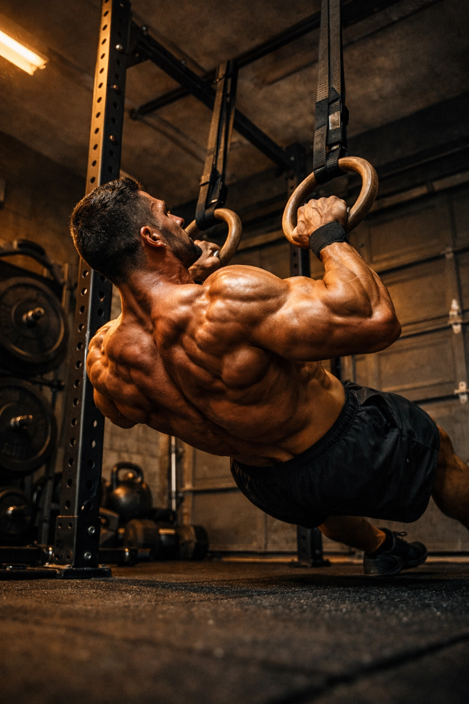 Athlete performing strict ring rows using a floor to ceiling gym system for foundational bodyweight training.