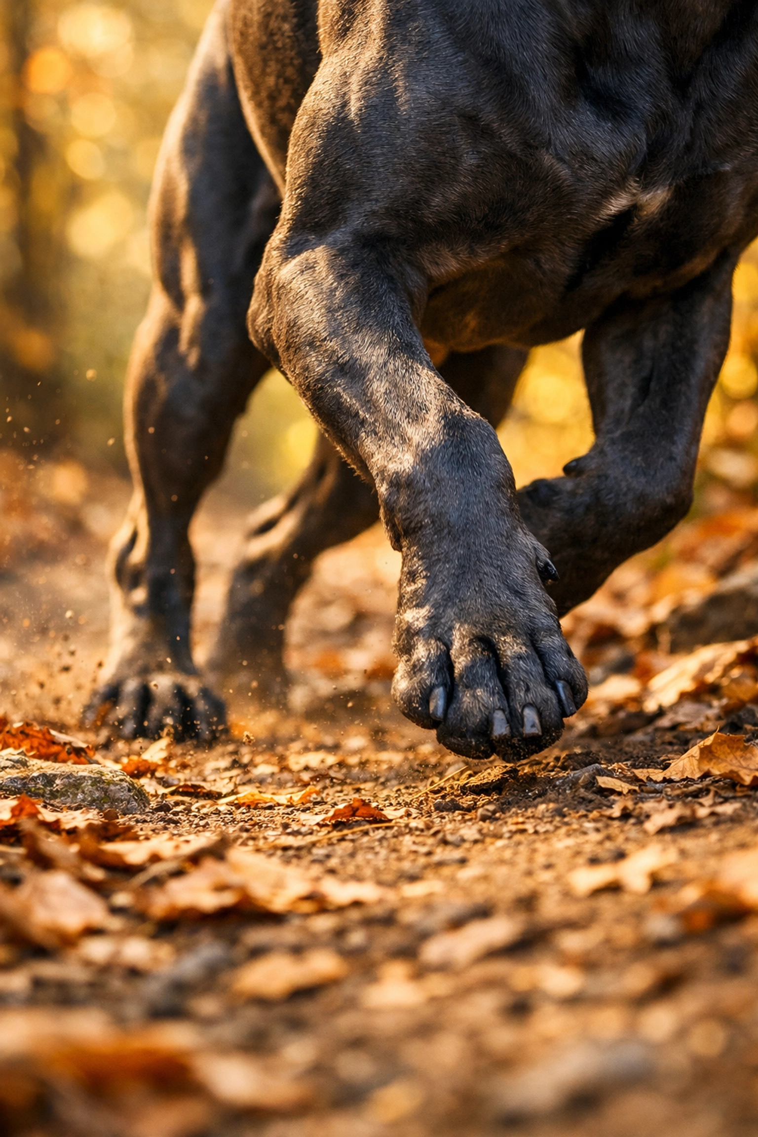 Cane Corso en pleine course montrant sa puissance athlétique lors d'une promenade