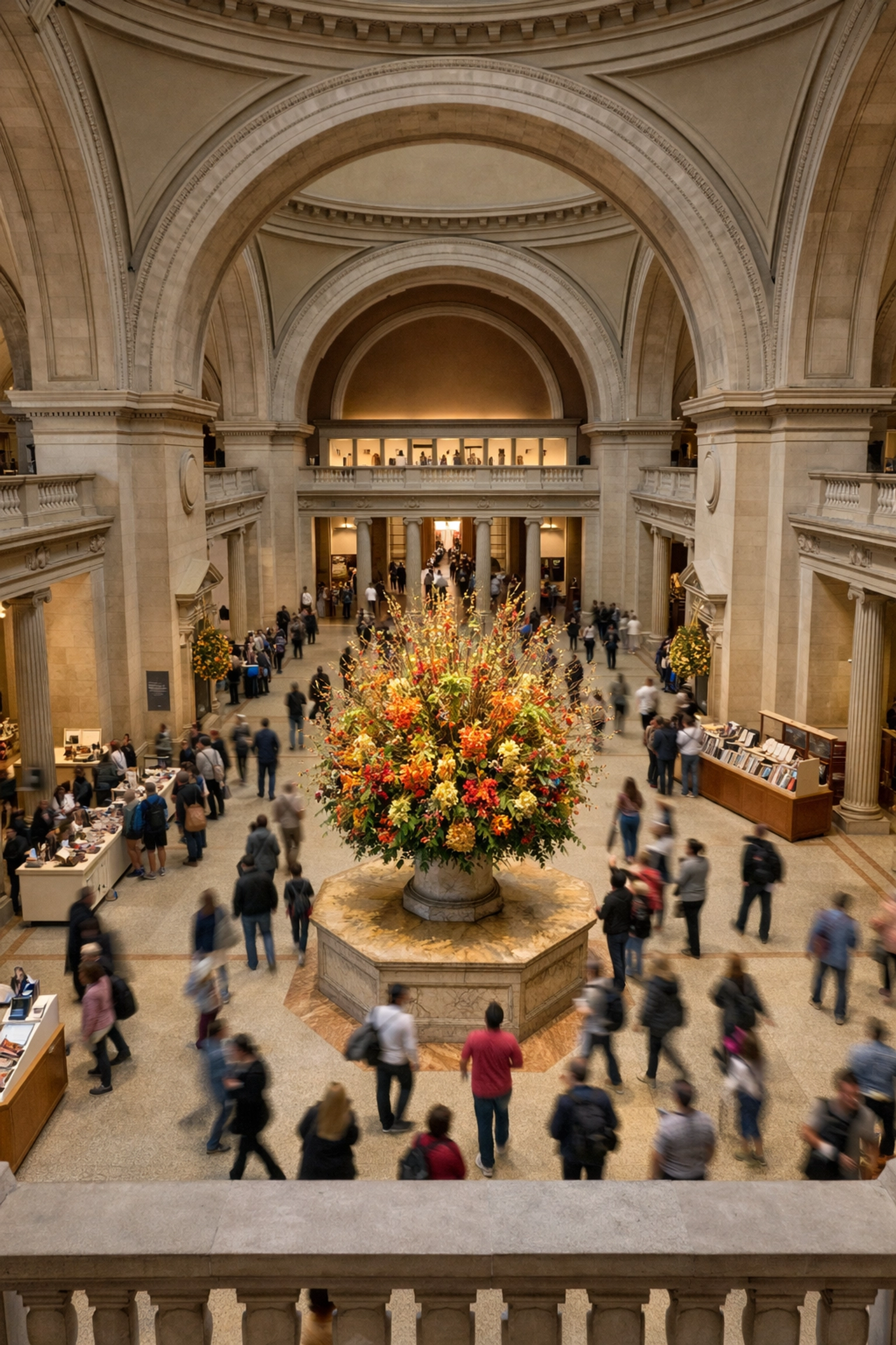 A high-angle view of the Great Hall at the Metropolitan Museum of Art, highlighting its grand NYC architecture.