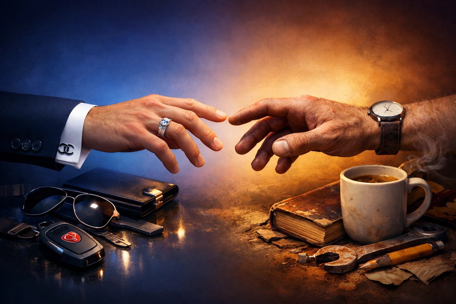 Wealthy and working-class hands reaching across divide symbolizing gay romance beyond class barriers