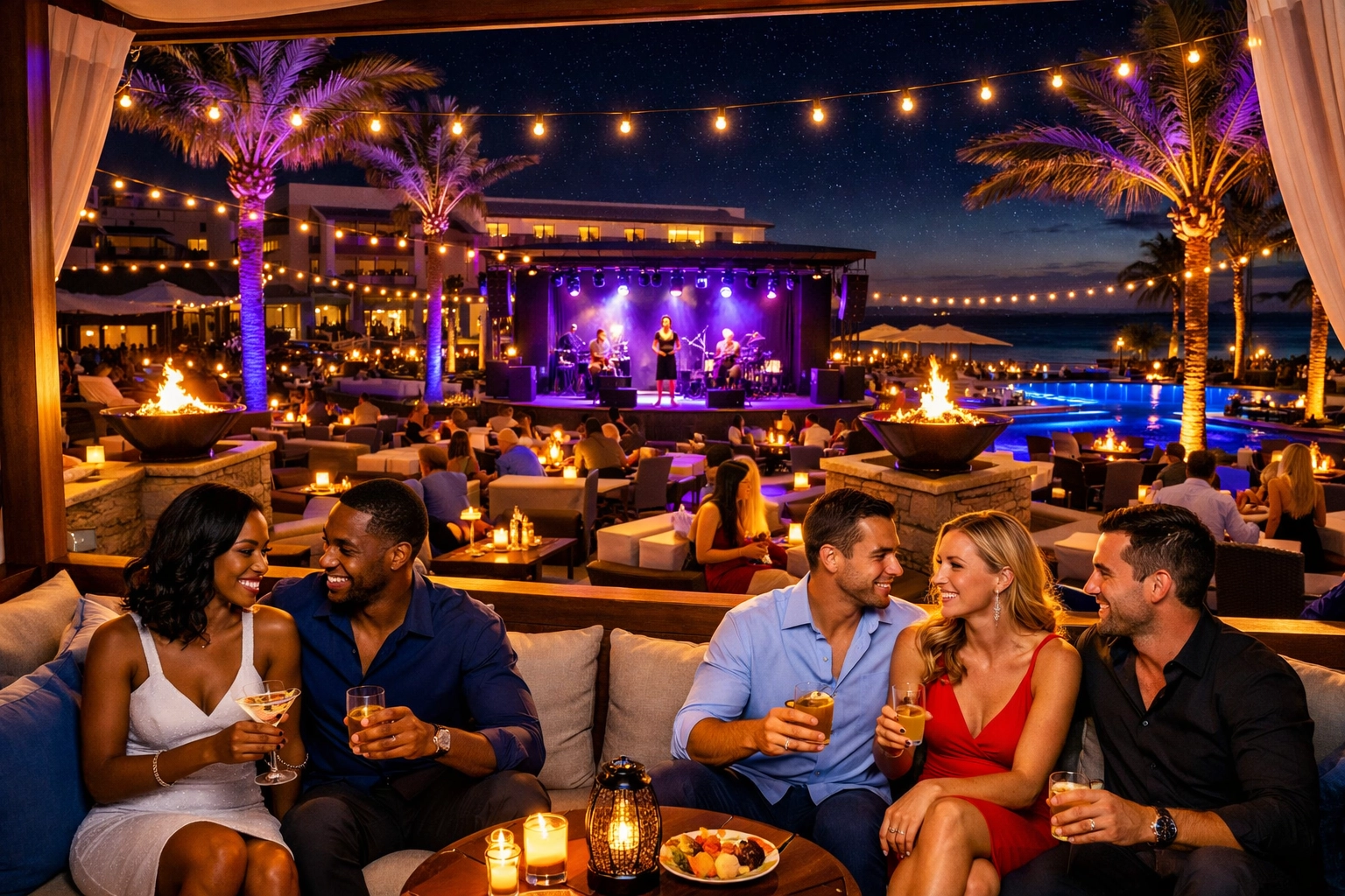 Evening entertainment and dining at upscale adults-only lifestyle resort venue