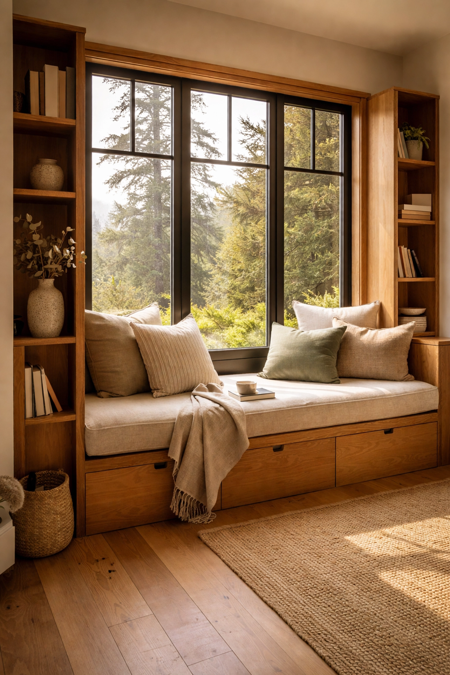 Custom-built window seat with hidden storage and soft morning light, showcasing practical luxury in a Pacific Northwest home