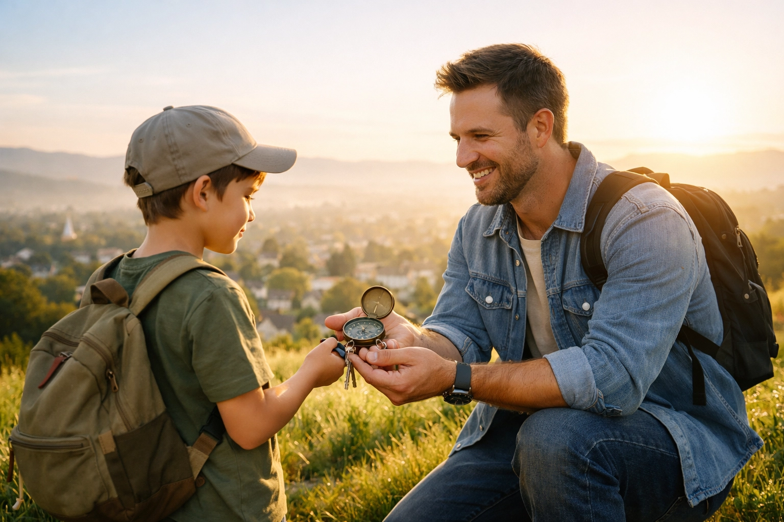 Christian father handing keys to his son at sunrise, symbolizing stewardship and responsibility.