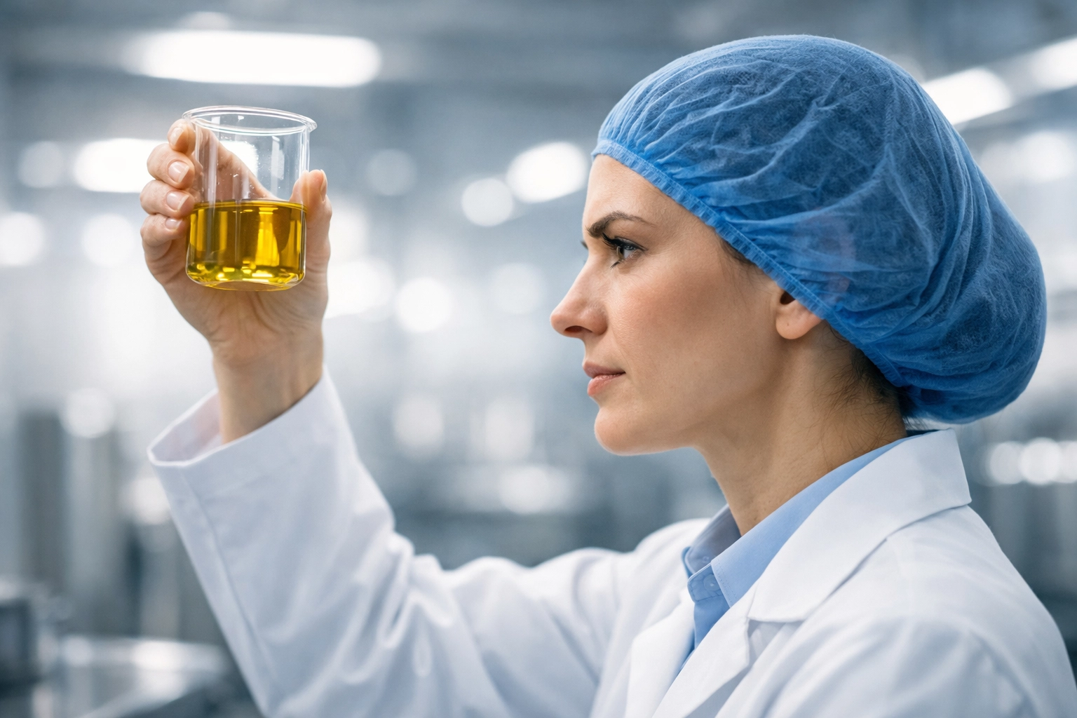 Especialista inspeciona pureza de matéria-prima para controlo de Food Fraud e VACCP em laboratório.