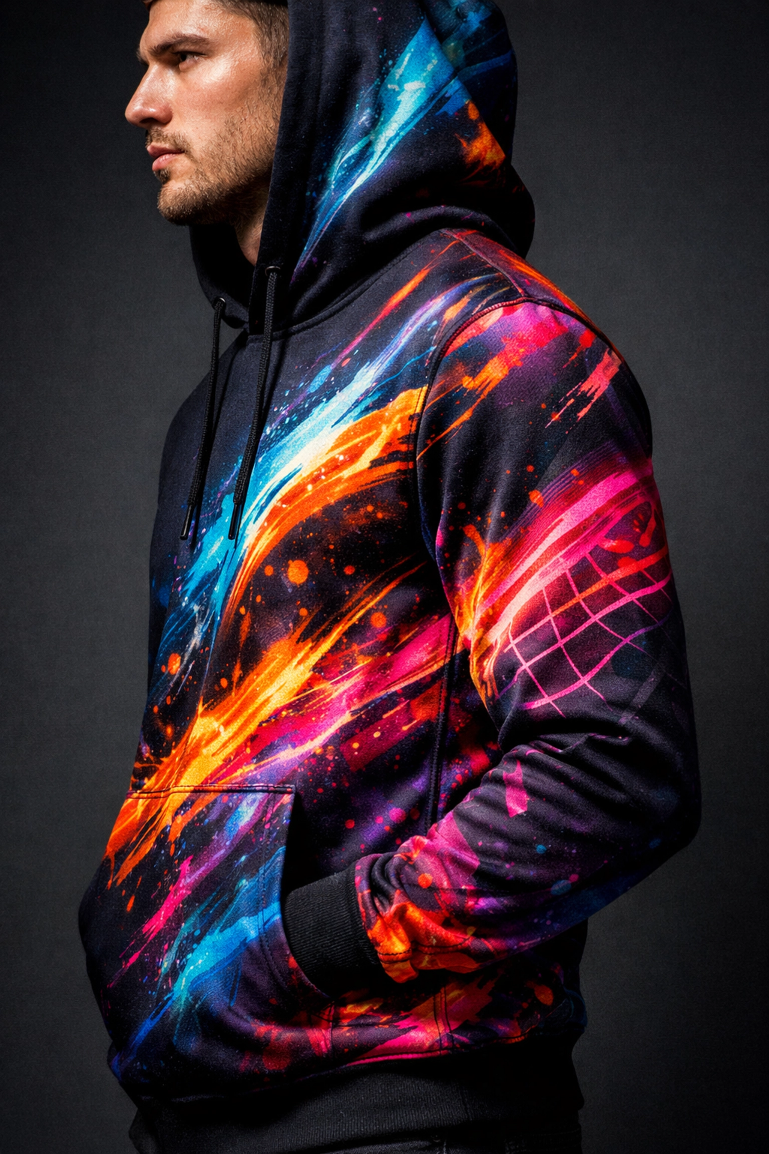 Custom all over print hoodies showing vibrant sublimation design wrapping around the sleeves.