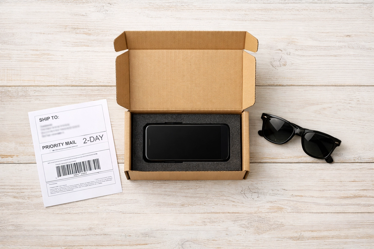 A phone safely packed in a shipping box ready for a quick trade-in and fast payment.