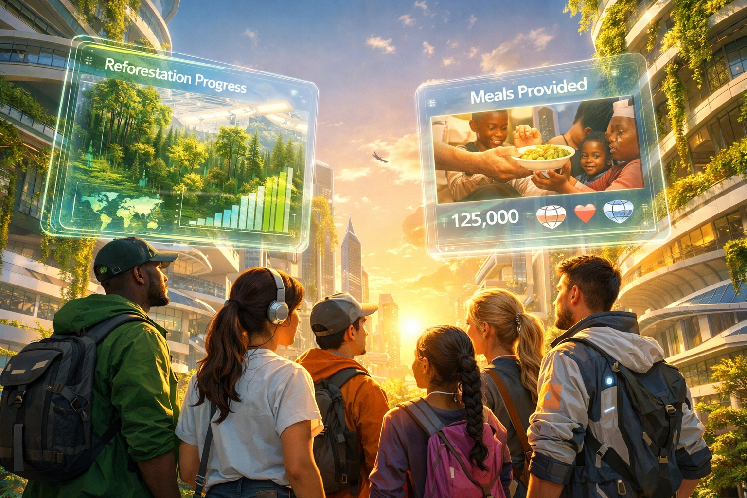 A community-driven future city showcasing Web3 technology and global social impact initiatives.