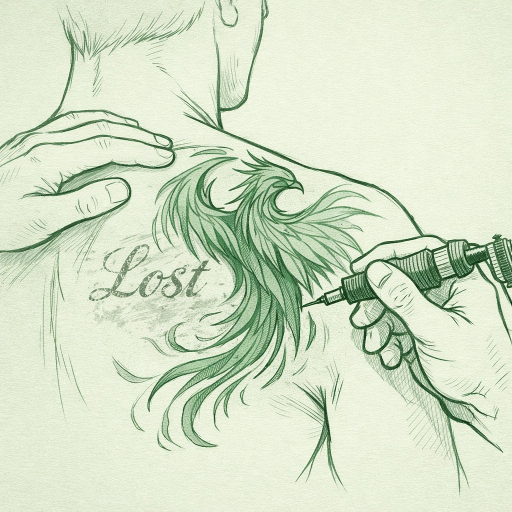 Phoenix tattoo cover-up in progress on man's shoulder blade symbolizing transformation and new beginning