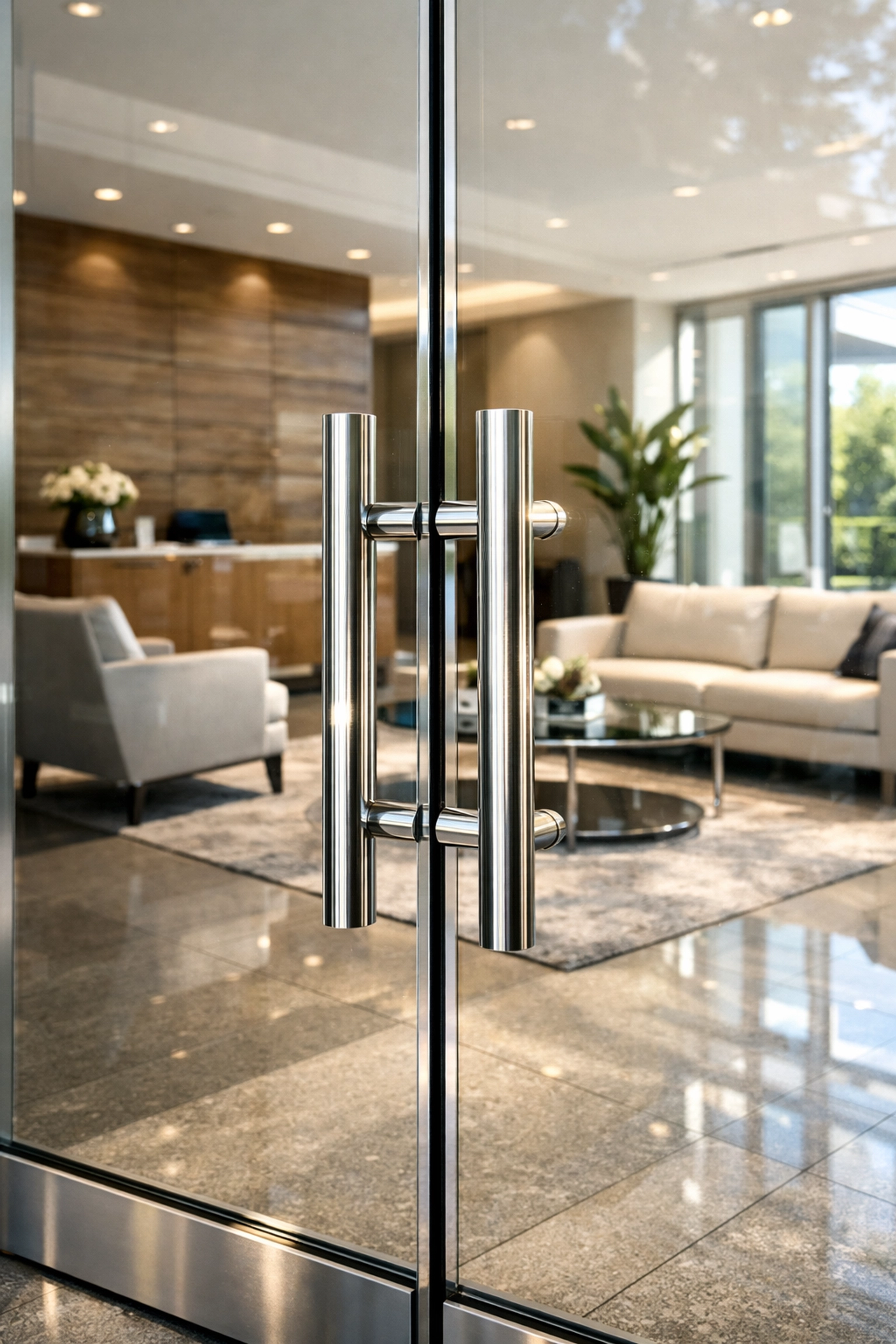 Spotless glass doors at a corporate entrance reflecting professional commercial cleaning services for businesses.
