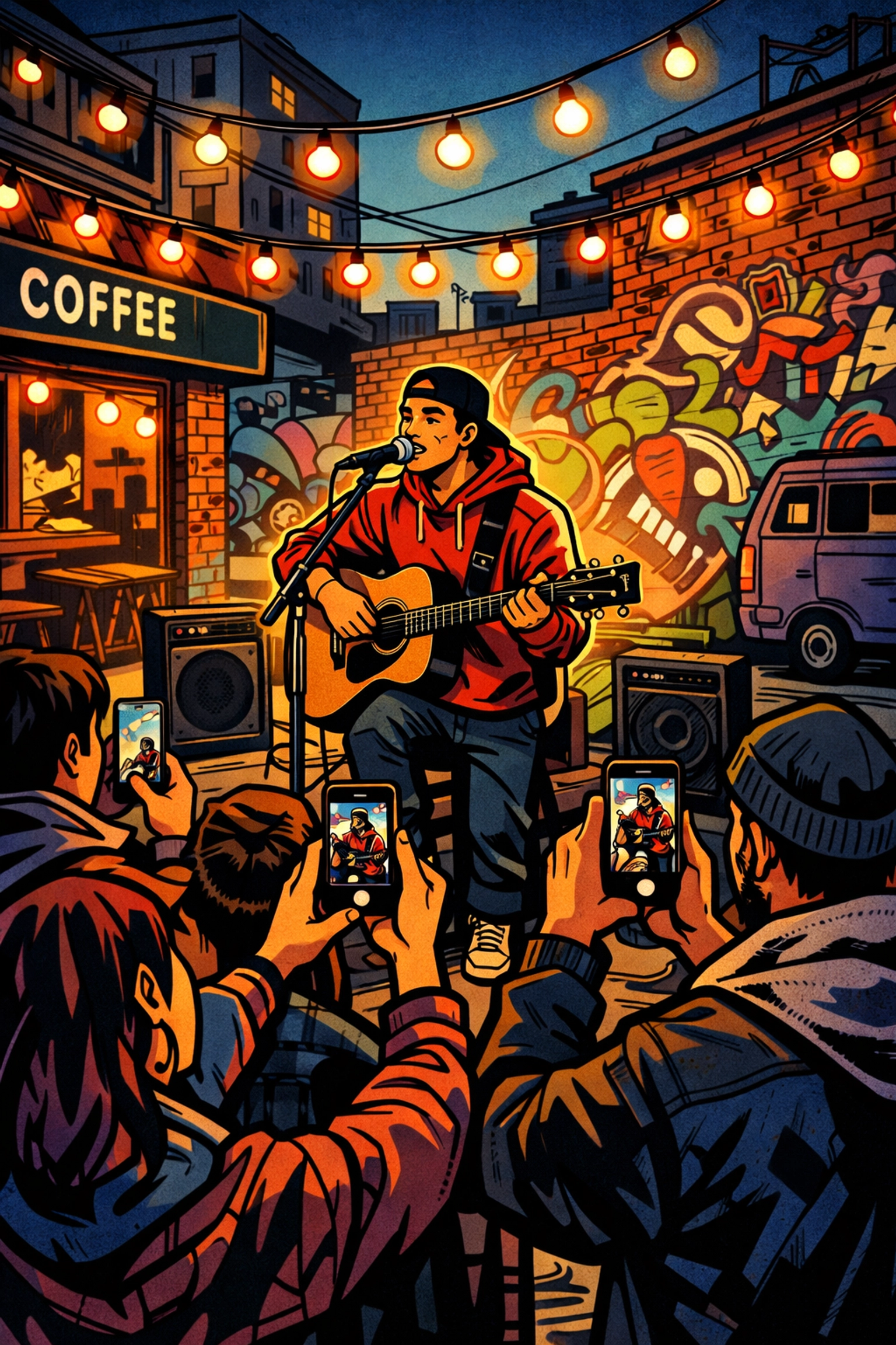 Independent artist performing pop-up show for authentic artist promotion