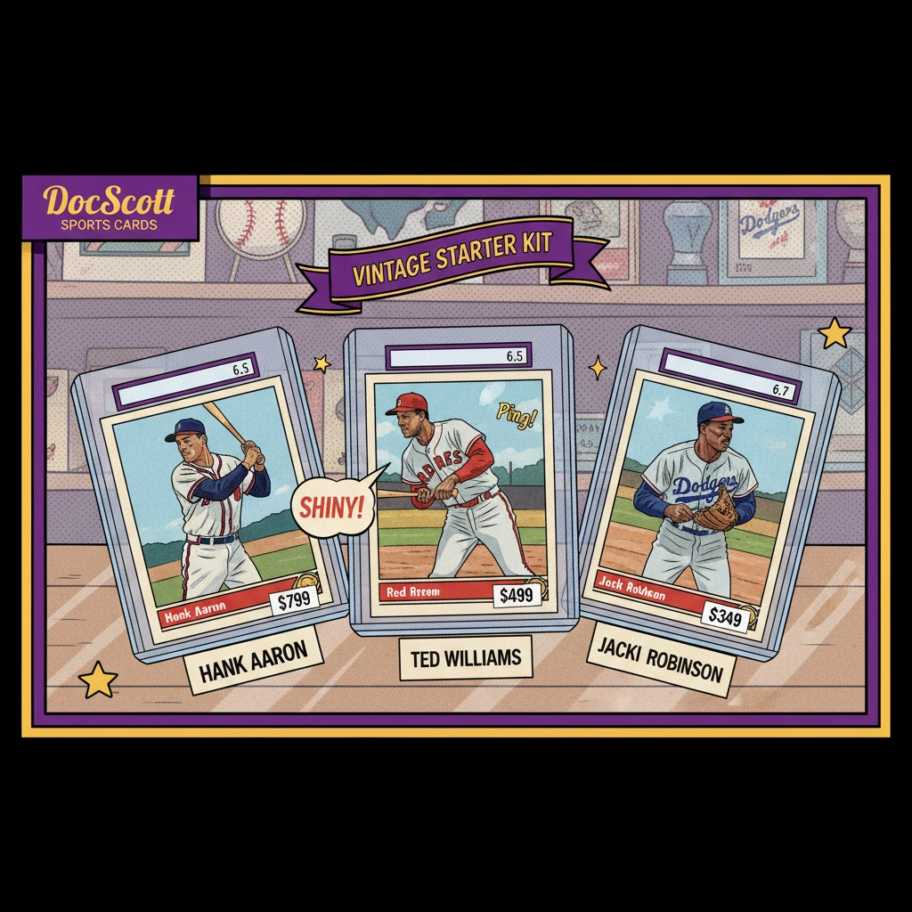 Vintage Graded Baseball Cards Display - Hank Aaron, Ted Williams, Jackie Robinson - DocScott Sports Cards
