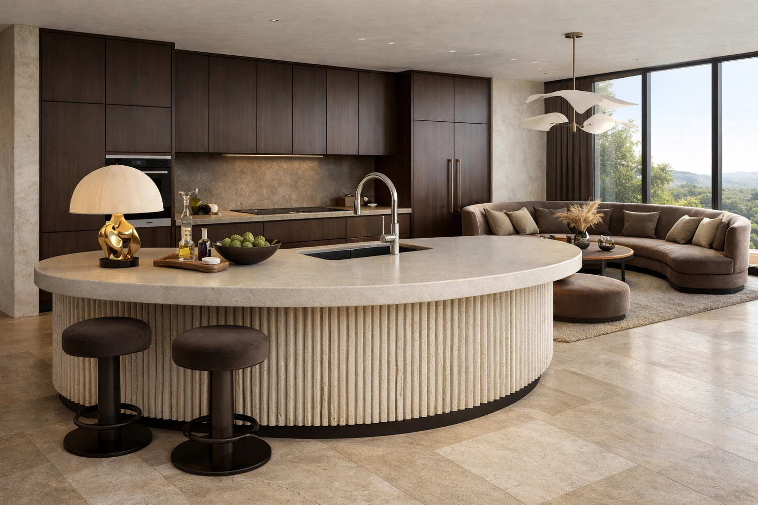 Sculptural kitchen layout featuring a curved travertine island and espresso walnut cabinets in a living-room style.