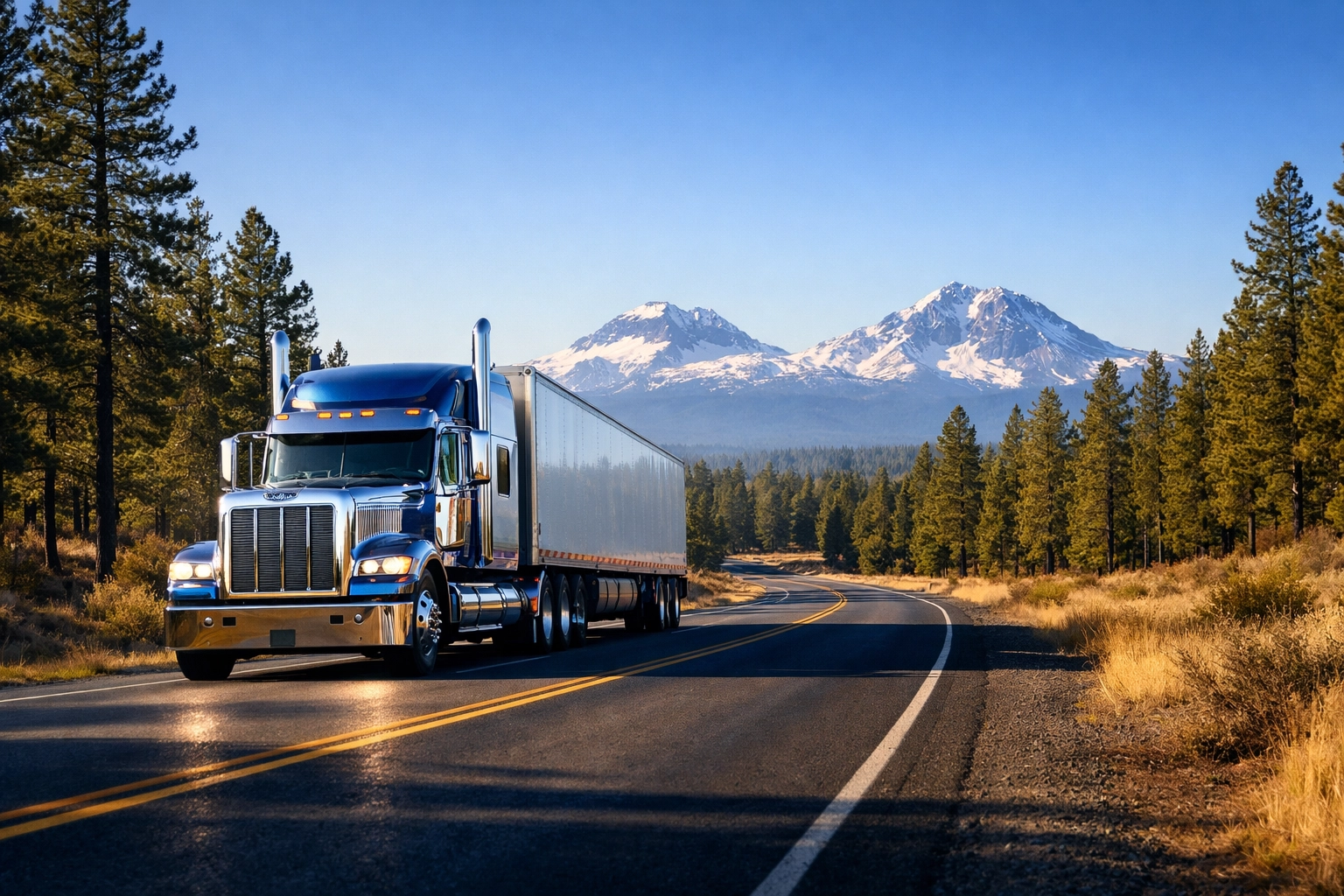 A modern diesel truck driving through Central Oregon with the Three Sisters mountains in the background.