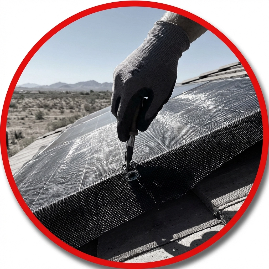 Close-up of solar panel screening being installed on an Arizona home roof to prevent pest entry