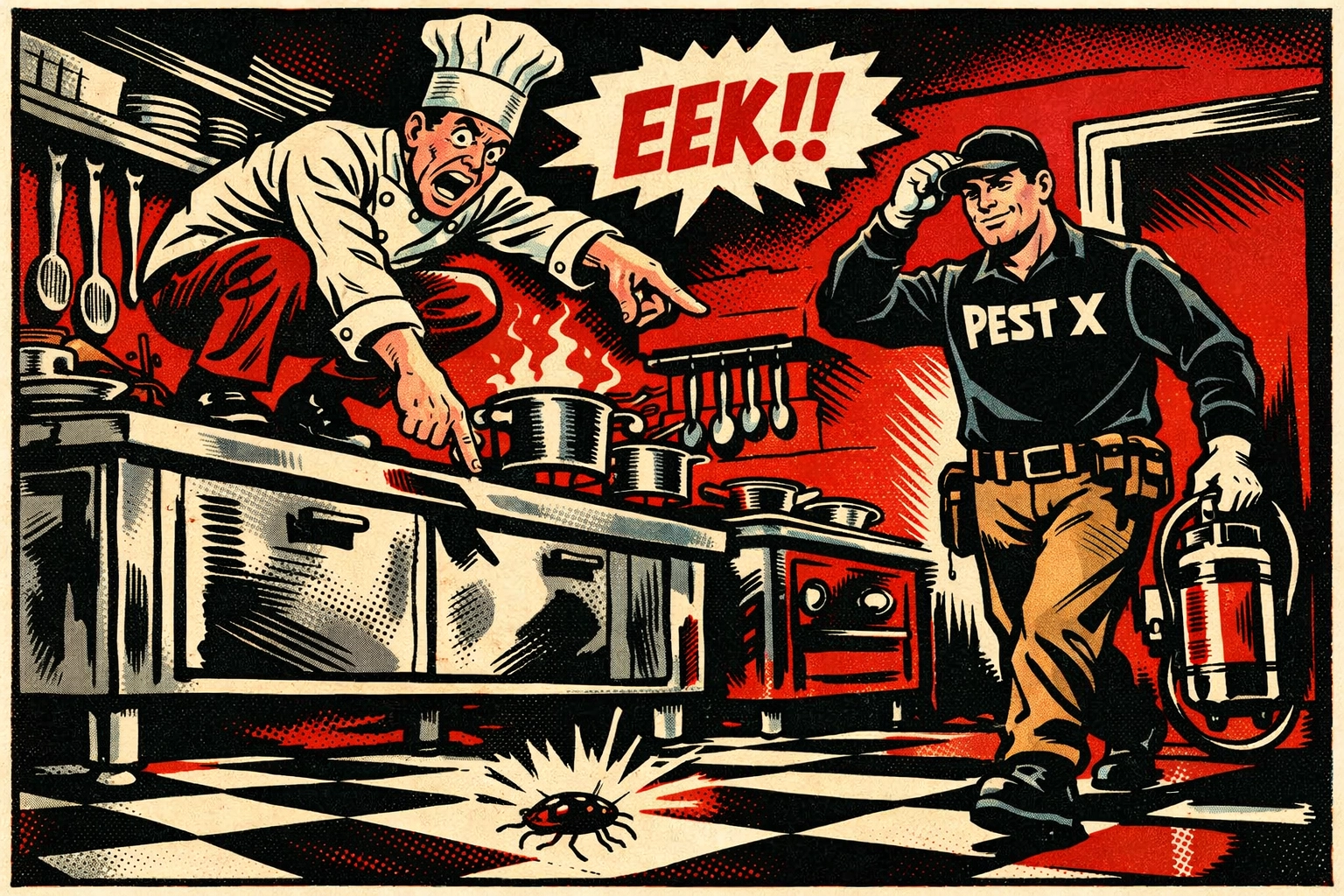 Reliable commercial pest control in Birmingham AL showing a technician treating a kitchen for cockroaches.