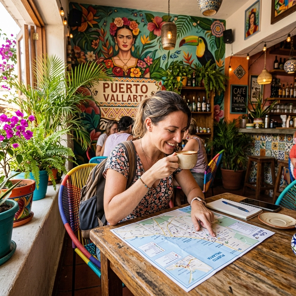 Solo traveler enjoying a coffee in a vibrant local cafe
