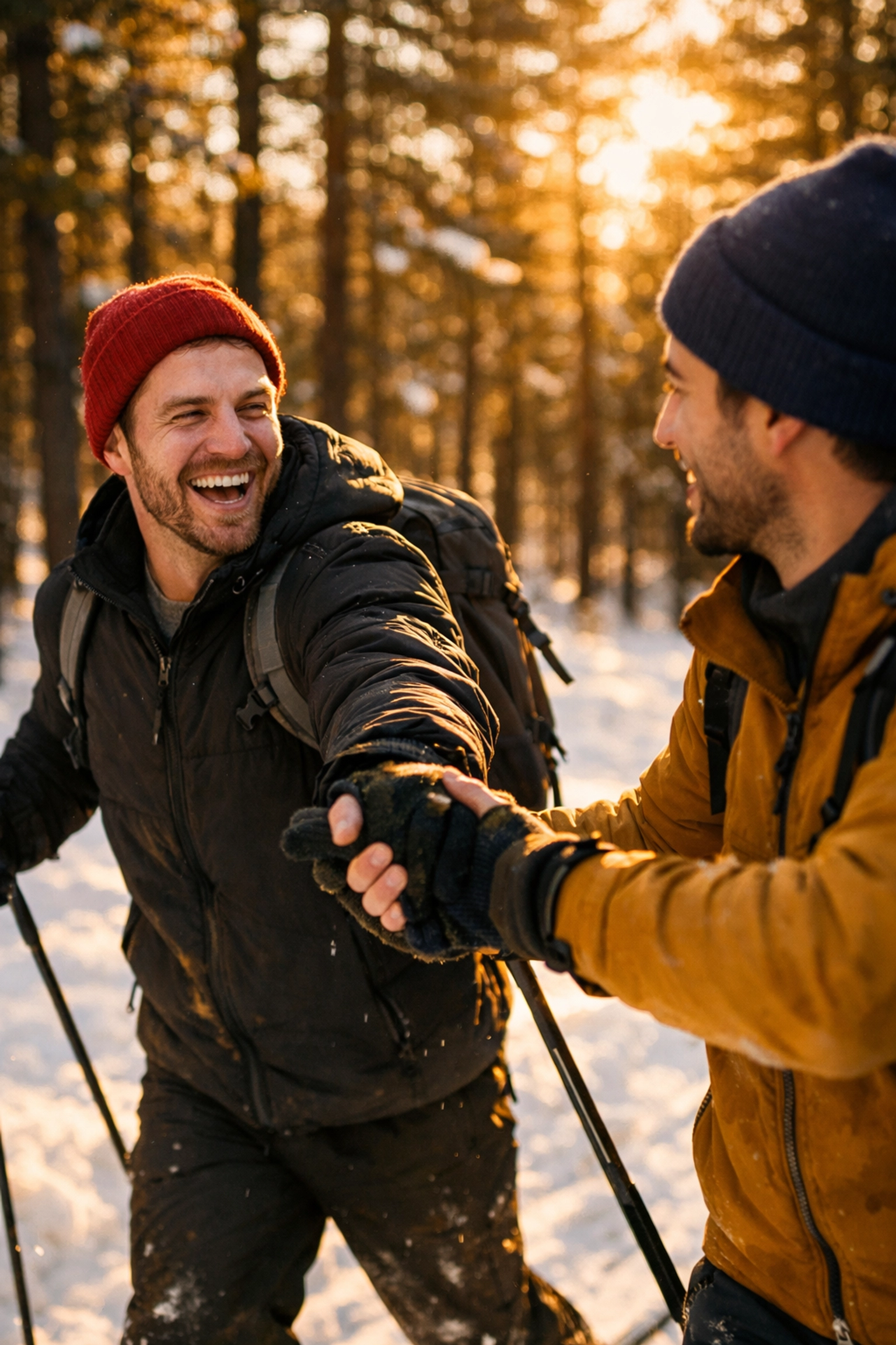 A romantic MM couple cross-country skiing together through a winter forest, evoking an authentic gay love story.