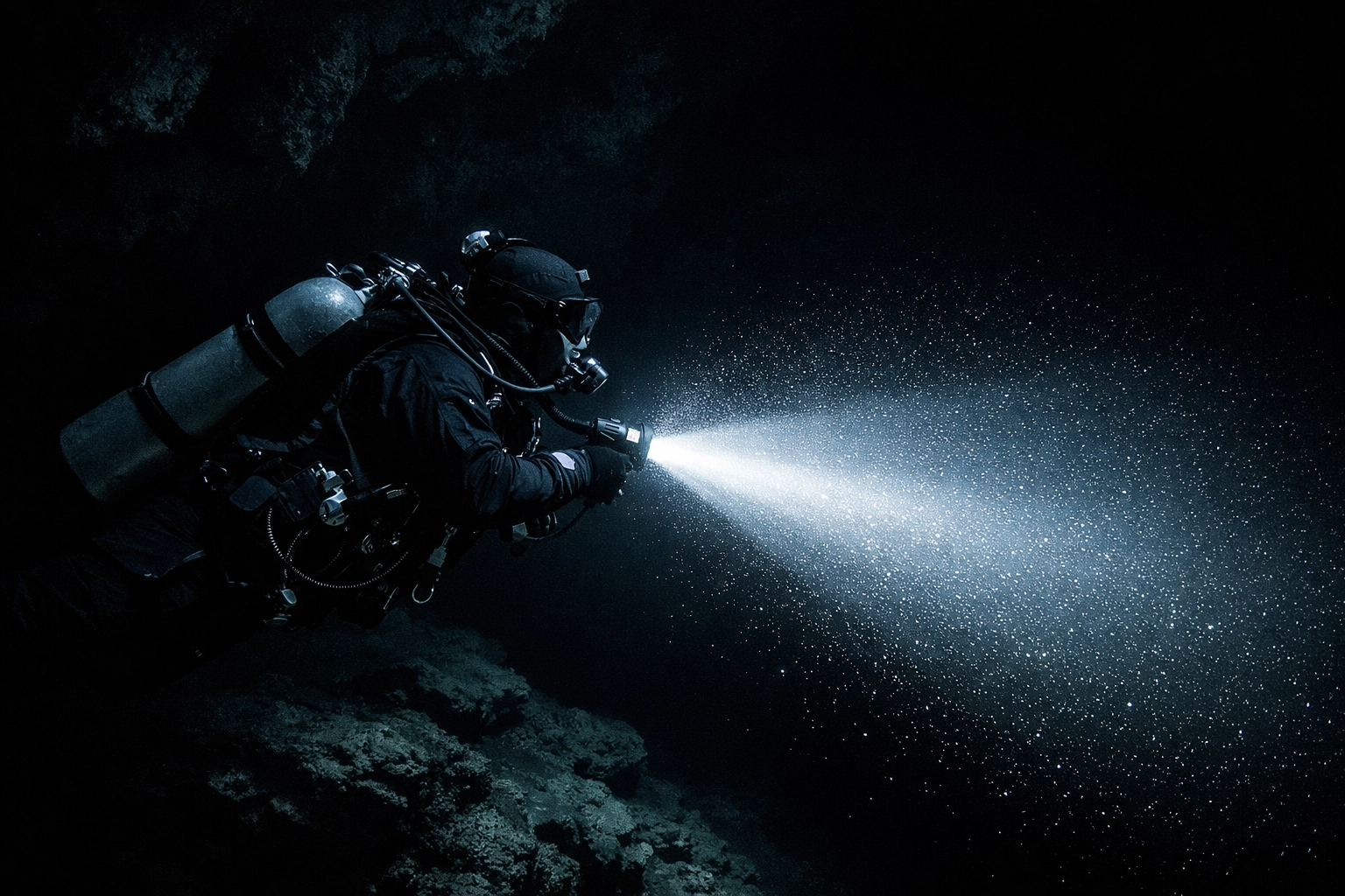 Tech-Taucher mit Tanklampe in dunkler Höhle - leistungsstarke Beleuchtung für sicheres Tauchen