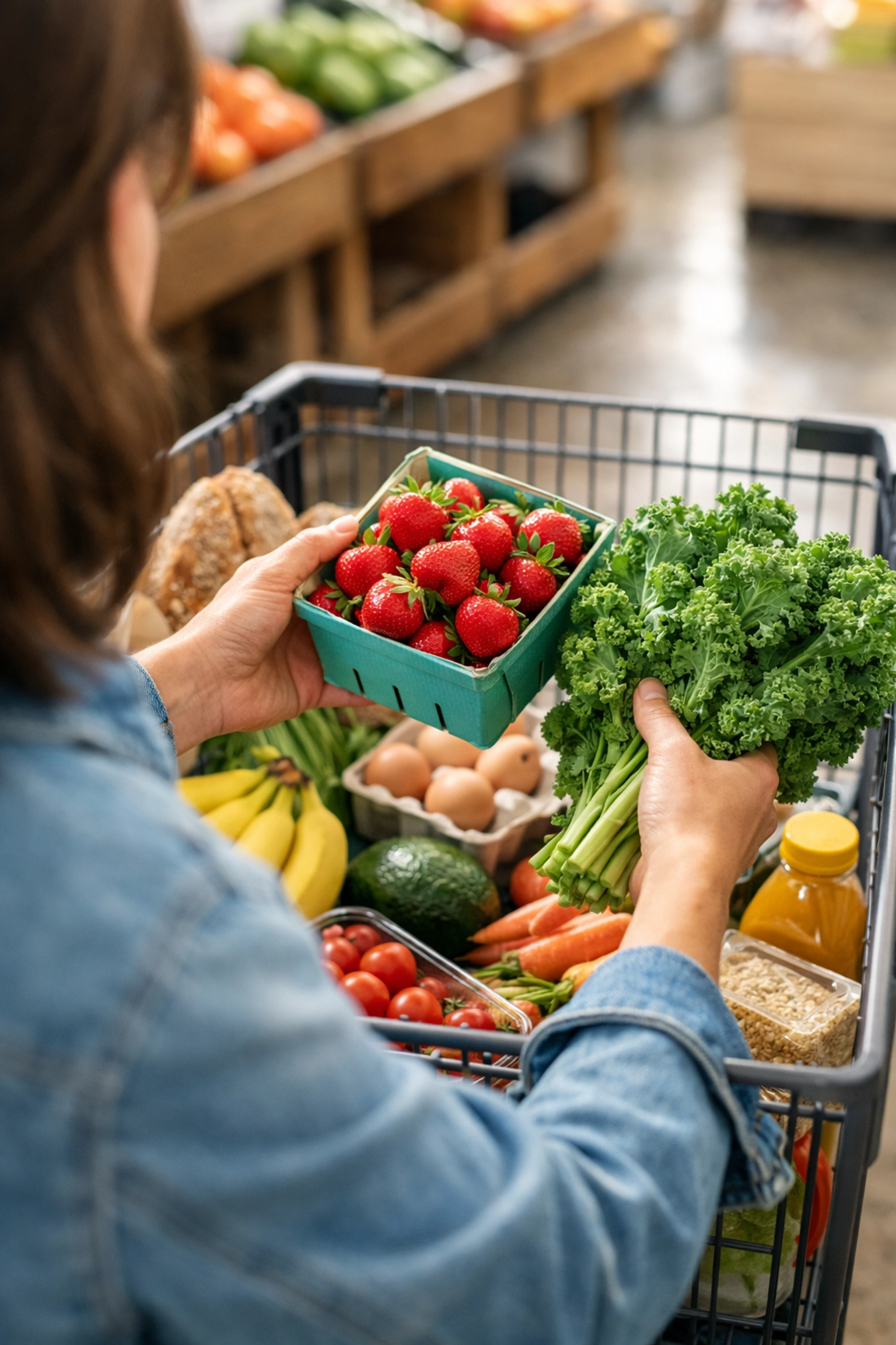 A parent shopping for fresh produce in a New Jersey grocery store using emergency food assistance.
