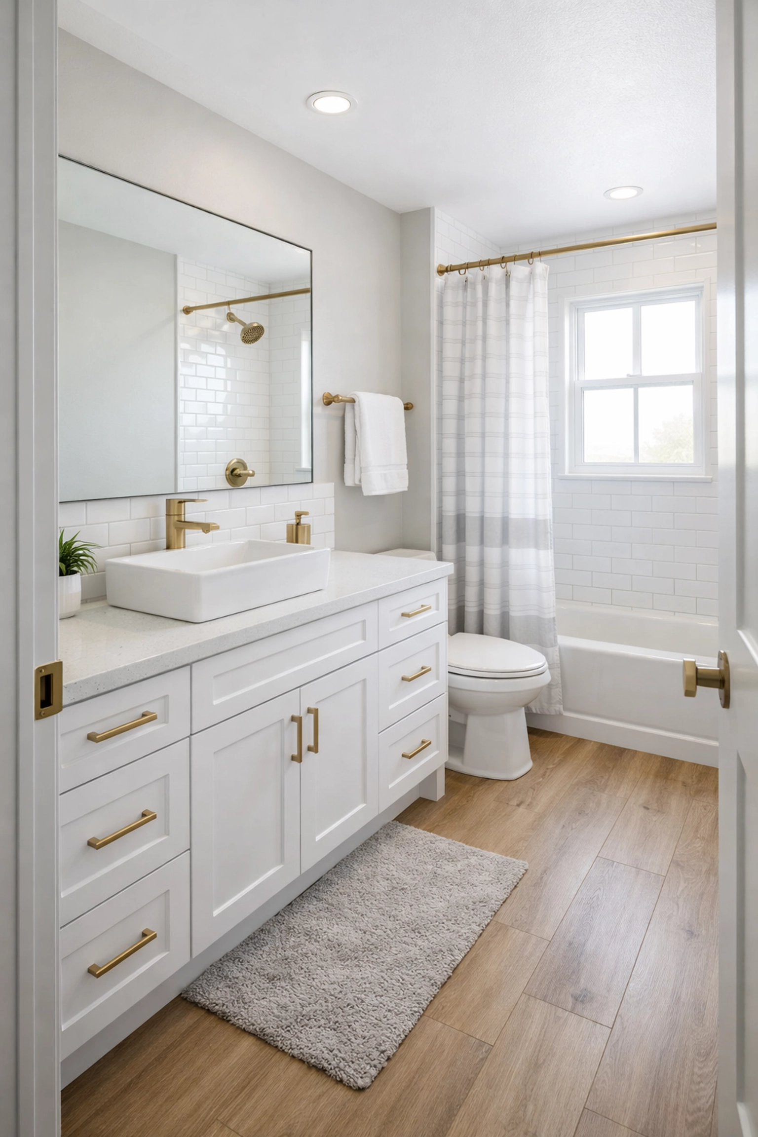 Completed mid-range bathroom remodeling Orlando with modern vanity and neutral finishes