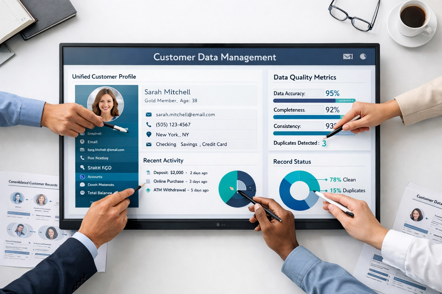 ServiceNow customer data management dashboard showing consolidated banking records and quality metrics