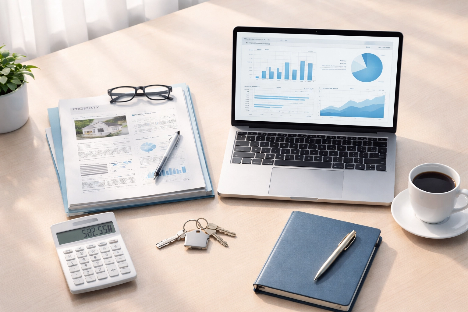 Organized investor desk with documents and laptop highlighting refinancing and title insurance role