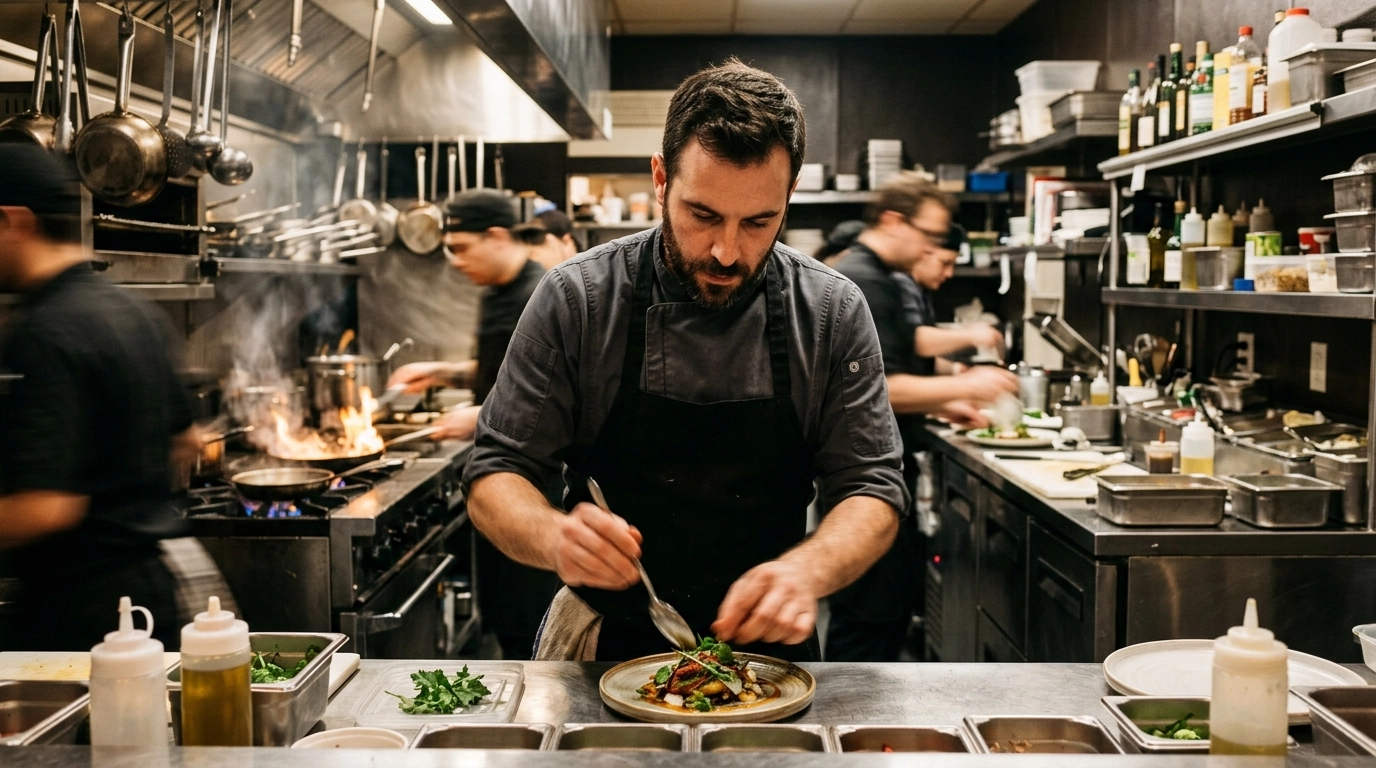Professional chef working in a high-energy commercial kitchen