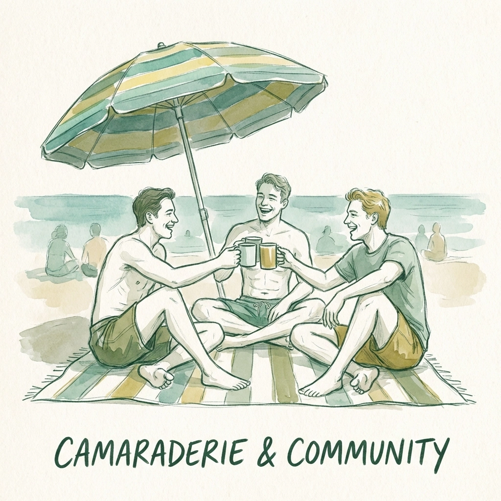 Three men socializing at Rio's gay-friendly nudist beach showing LGBTQ+ community connection