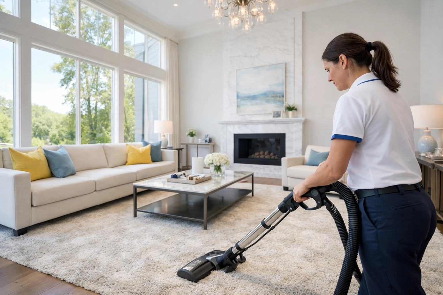 Expert vacuuming during a professional house cleaning in Tewksbury, MA session in a modern living room.