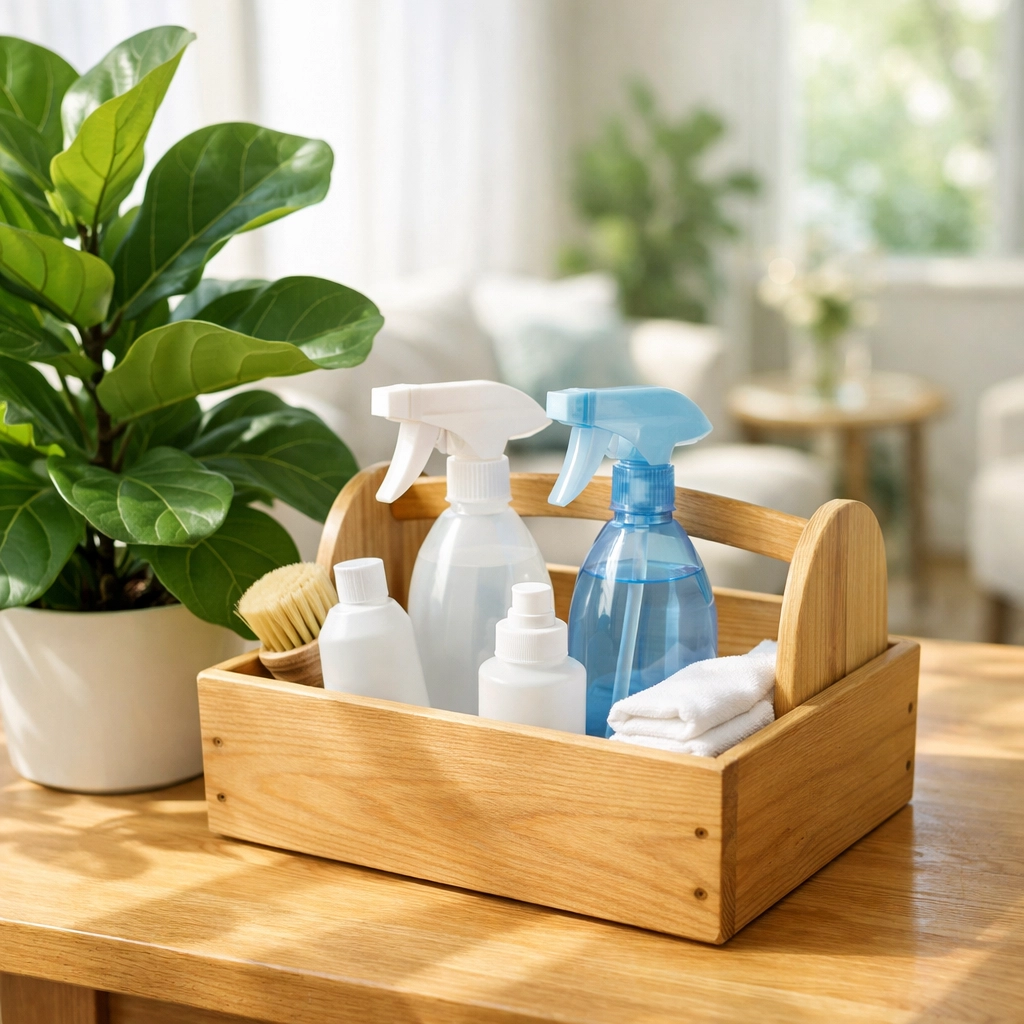 Eco-friendly apartment cleaning supplies in a bright Leominster MA home for a safe, healthy environment.